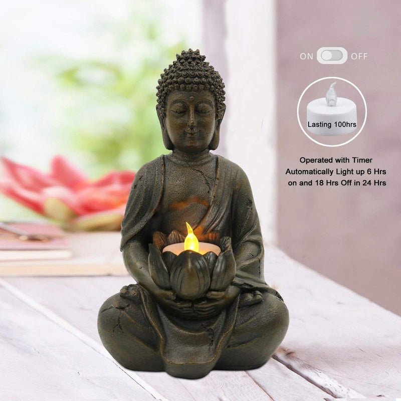 Goodeco Meditation Small Buddha Statue Figurine -Buddha with LED Tea Lights Candle Holder,Gift idea,Zen Home Decor Meditation Accessories 8" - Image 3